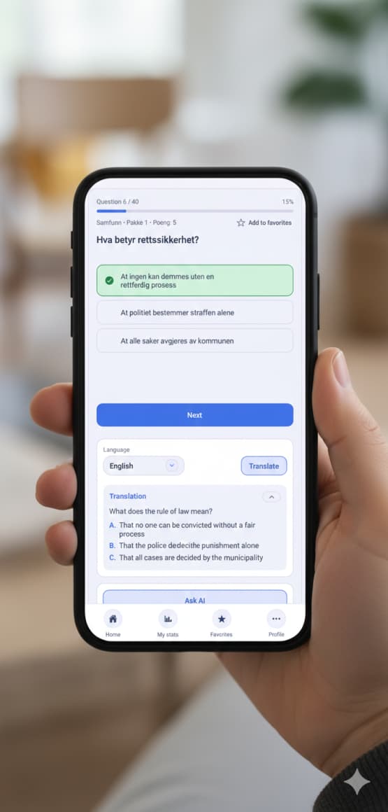 Et øvingsspørsmål med oversettelse og AI-forklaring i Samfunn-appen