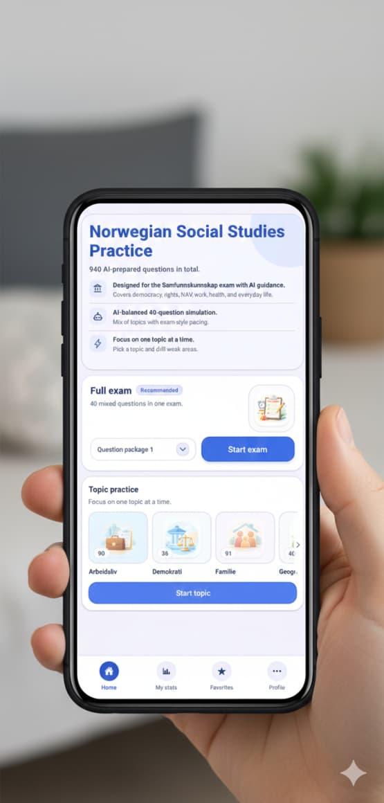 Valg mellom prøveeksamen og temaøving i Samfunn-appen